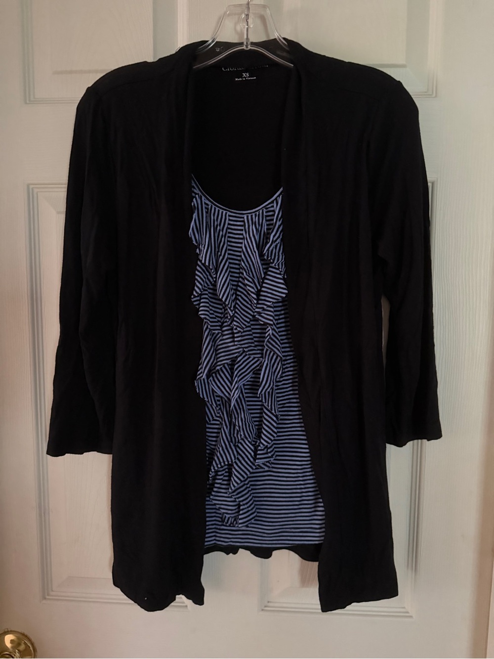 croft & barrow Black Open-Front Cardigan with Navy Striped Ruffle Tank